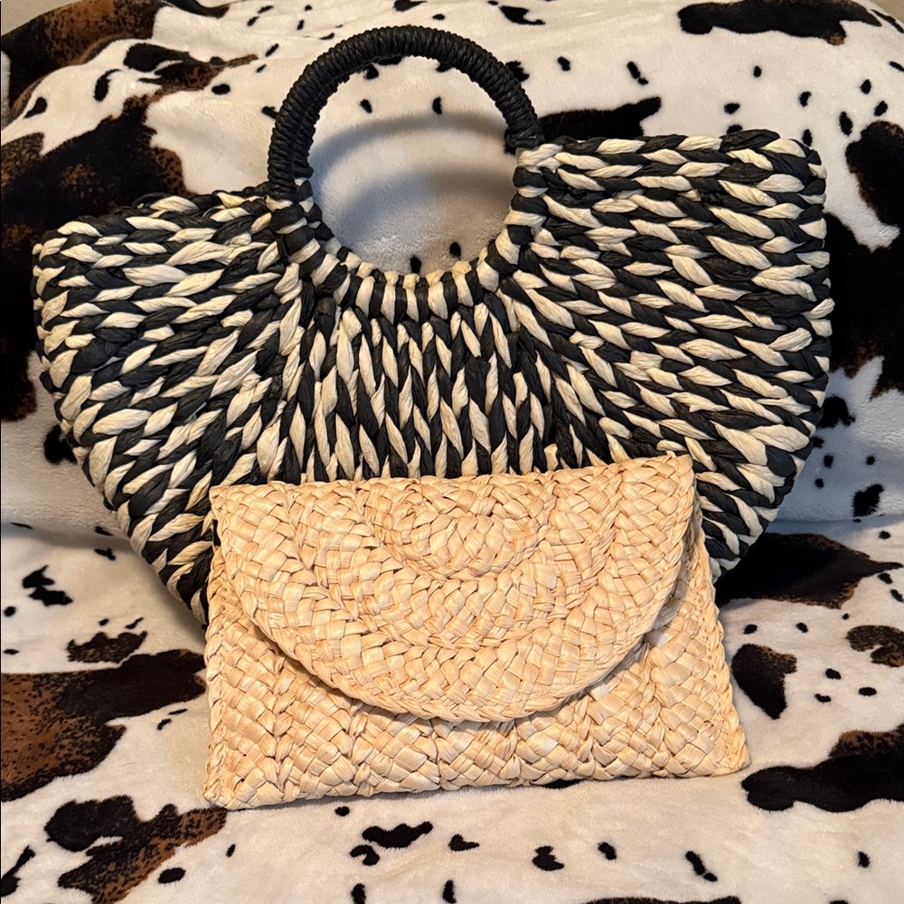 Elegant Black and Cream Woven Tote and Clutch Set
